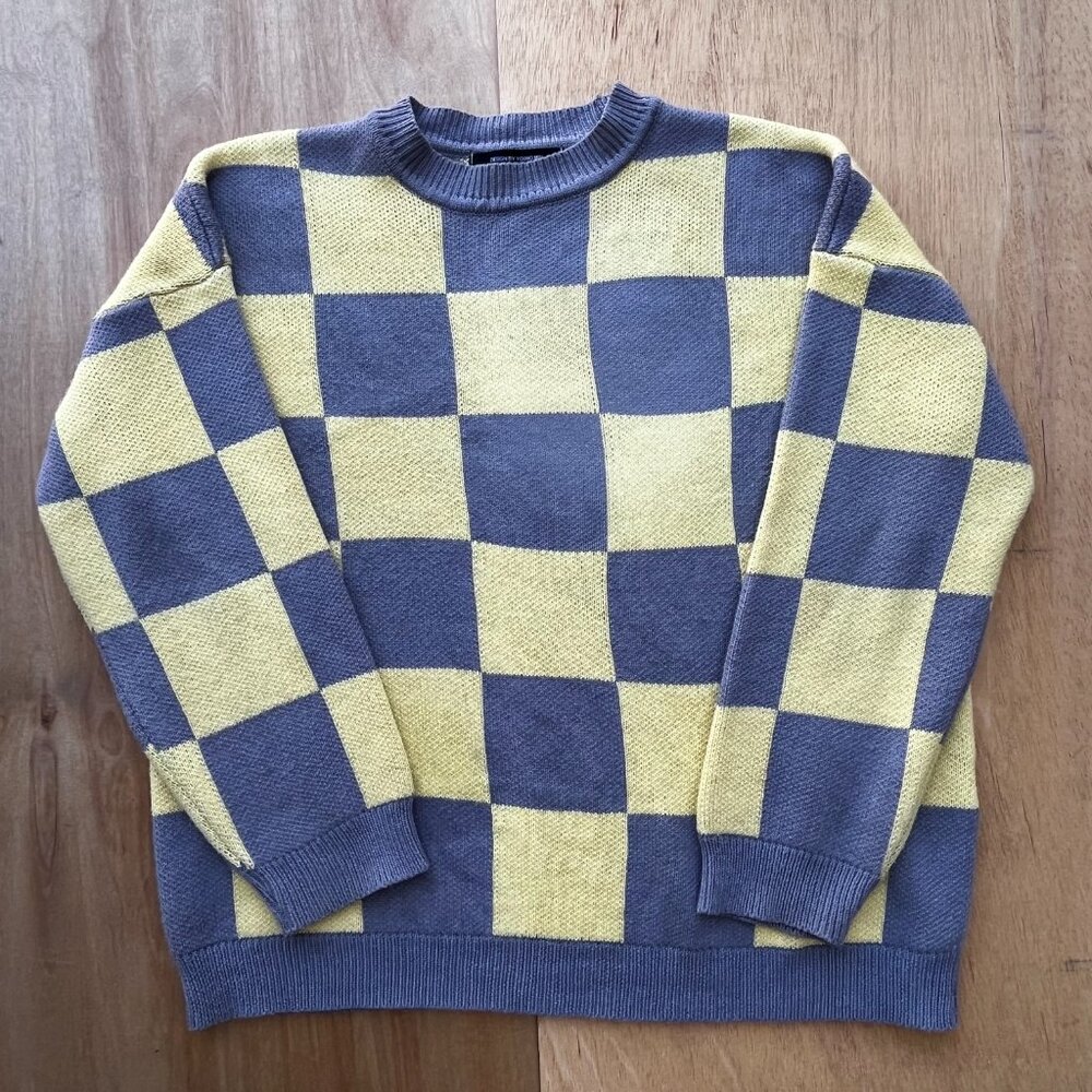 DESIGN BY YOUNG MIN KNIT CHECK Women’s Gray Yellow Crew Neck Sweatshirt sz L